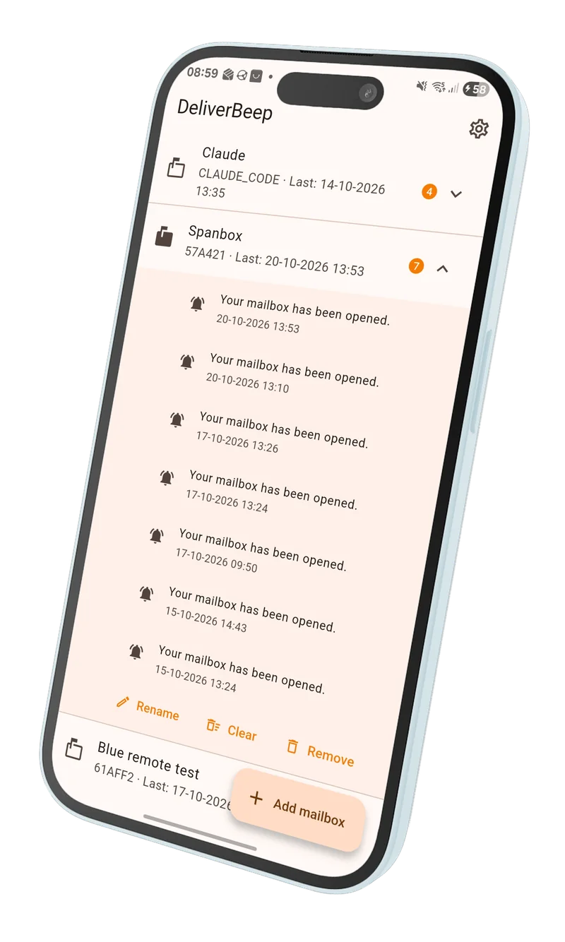 The DeliverBeep app showing a mailbox and the times it was opened
